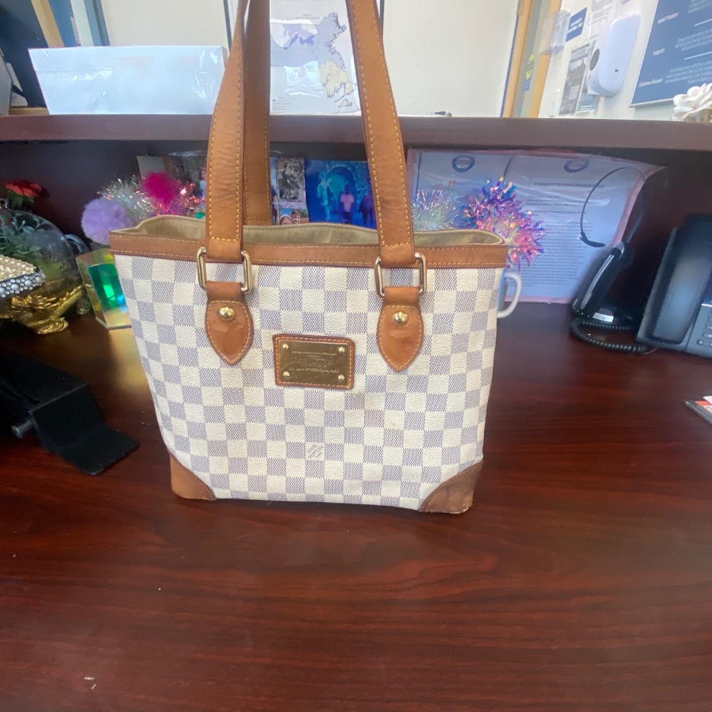 Beige and Brown Checkered Shoulder Bag